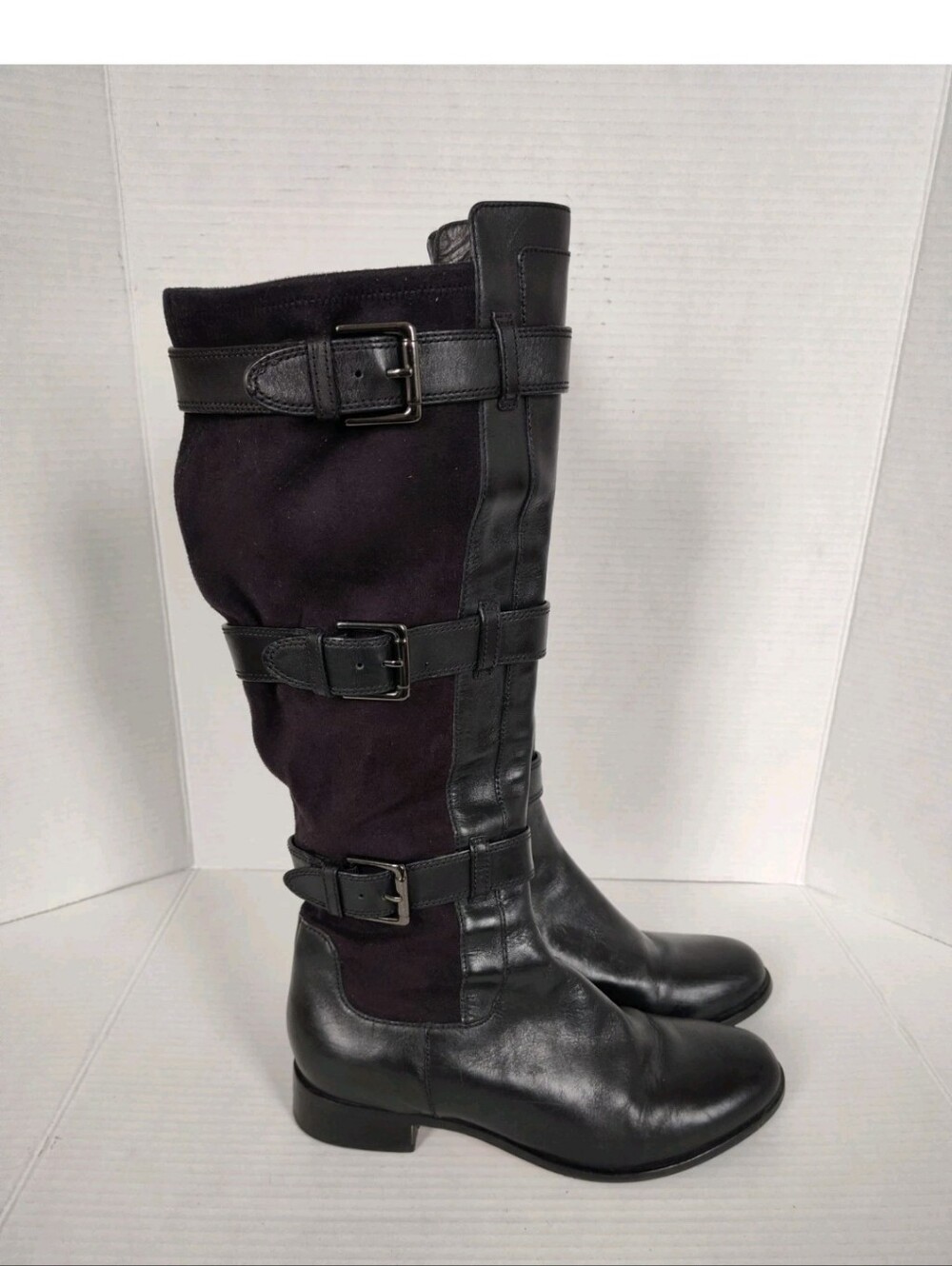 Cole Haan Black Leather & Suede Triple Buckle Tall Riding Boots Size 8.5